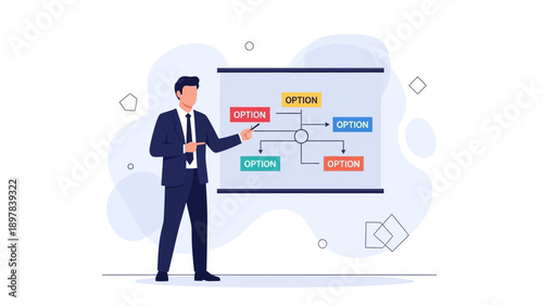 Businessman presenting options flowchart on whiteboard, decision making concept