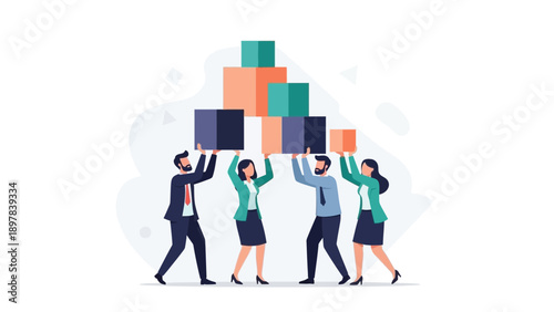 Teamwork carrying stacked boxes, business growth concept, collaboration and support