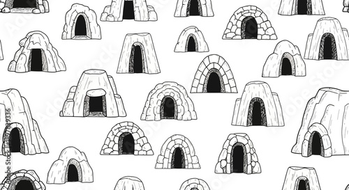 Intricate Line Art of Igloo Structures, Unique Patterns in Architecture, Minimalist Design Style