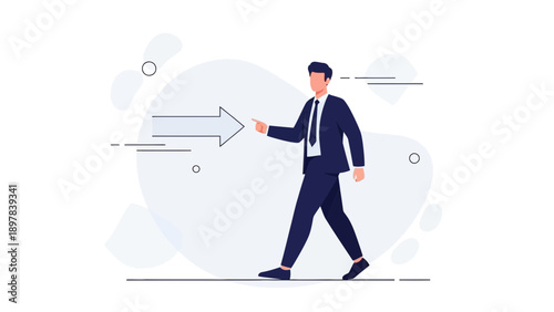 Businessman walking forward, pointing at arrow, success, direction, strategy, leadership