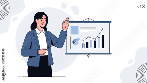 Businesswoman presenting financial report on a whiteboard with charts and graphs