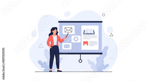 Businesswoman presenting ideas on a projection screen, modern flat illustration