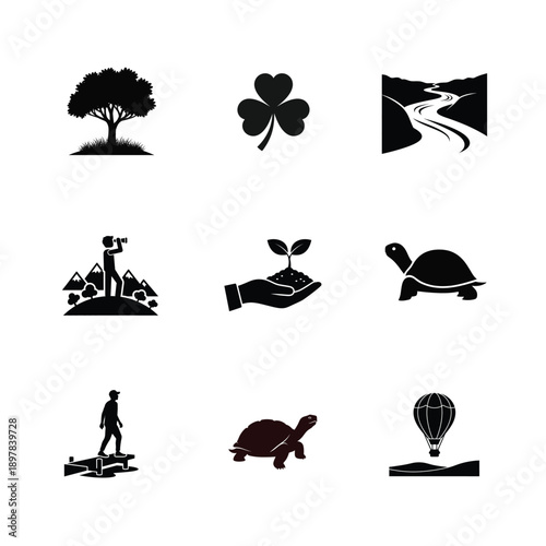 A comprehensive set of nature, exploration, and environmental silhouette icons