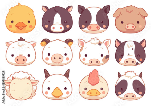 Niedliche Bauernhoftier-Gesichter für Kinder, isoliert auf transparentem Hintergrund, im Cartoon-Stil.