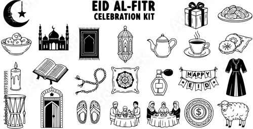 Eid Al-Fitr Celebration Kit - Islamic Icons, Black and White Line Art