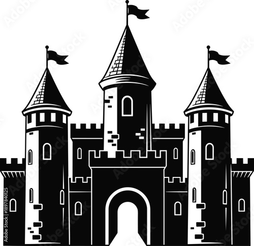Black and white vector illustration of medieval castle with towers, battlements, flags, and arched entrance — perfect for history, architecture, fantasy, and storytelling themes.