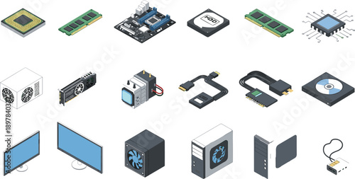 Isometric computer hardware components, motherboard, processor, ram, graphics card, power supply, storage, cooling fan, monitor, pc parts vector illustration