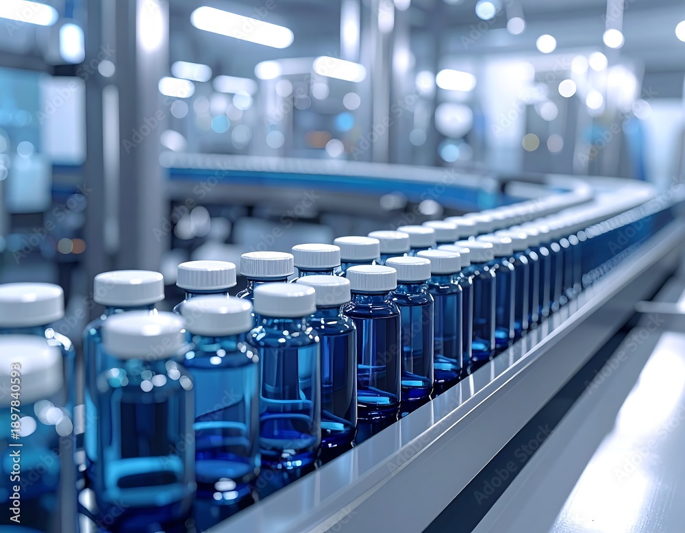 Obraz premium Automated production line moving filled bottles in a blue-toned environment