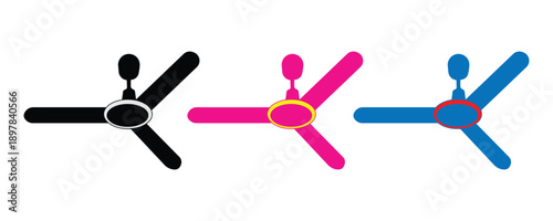 Three colorful ceiling fan icons in black, pink, and blue colors. Three ceiling fan icons