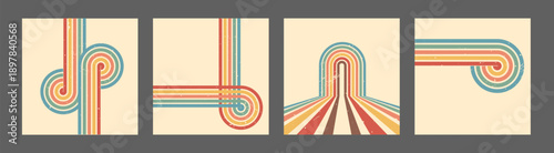 Stripe rainbow groovy. Set of Modern beige square backdrops with playful geometric shapes and arches. Retro or futuristic design. Vector illustration.