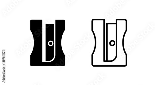 Desk pencil sharpener icons, solid and outline, for school or office.