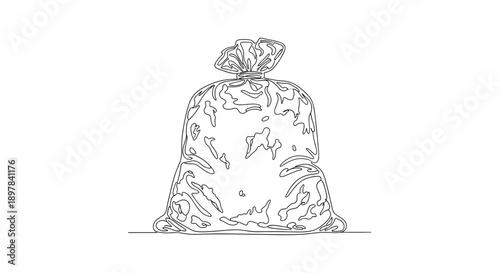 Detailed line drawing of an oily trash bag isolated on a white background, showcasing intricate textures and reflections