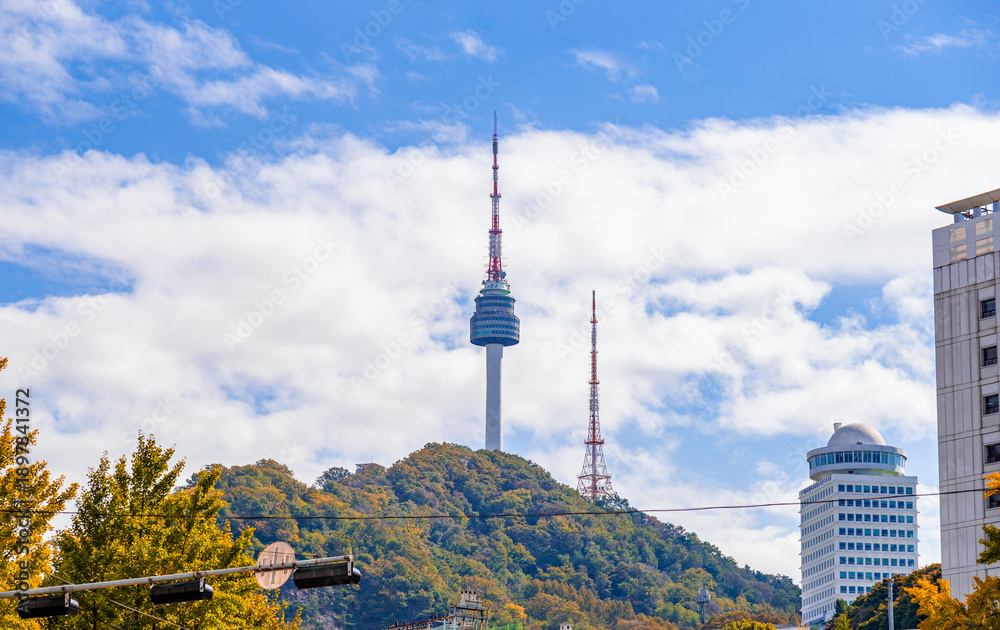 Obraz premium panoramic, tourist attractions in the city park of seoul City, Asia business concept image, panoramic modern cityscape building in korea. The most beautiful Viewpoint seoul city,south korea.
