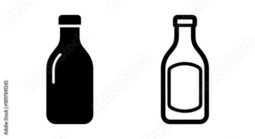 Modern Black Solid and Outline Labeled Bottle Icons for Beverage Products