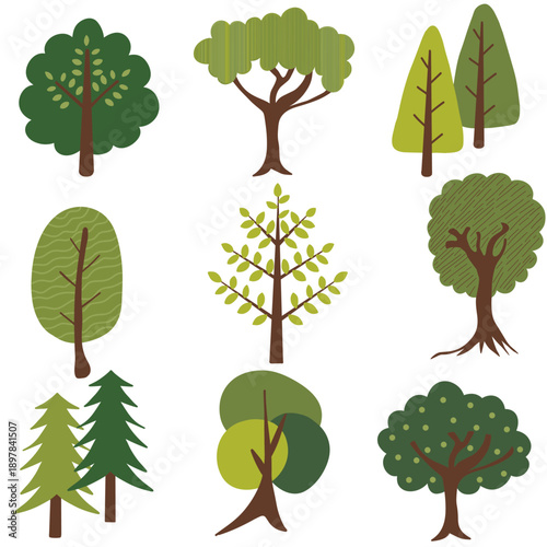 Set of Stylized Flat Vector Tree Icons and Forest Elements 