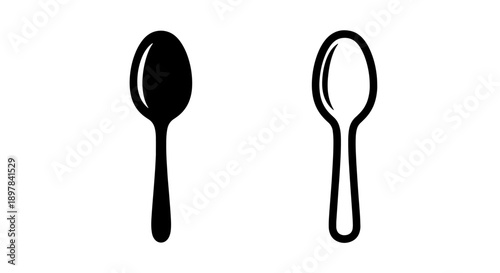 Black Spoon Icon Set: Solid and Outline Cutlery Symbols for UI and Restaurant Menus
