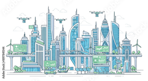 Smart City Technology Vector Illustration. Futuristic Sustainable Urban Skyline with Drones and Wind Turbines.