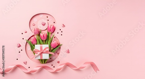 Happy womens day celebration with pink tulips and gift box