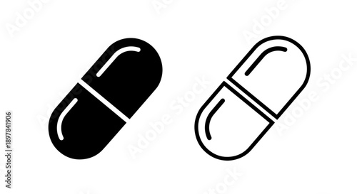 Modern Black and White Medical Pill Capsule Icon Vector for Health and Pharmacy Apps