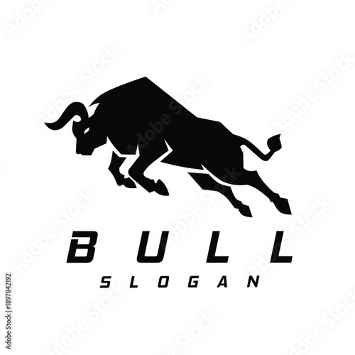 Dynamic black and white bull silhouette logo in minimalist vector style. Powerful charging animal emblem for finance, trading, sports, fitness, branding, marketing, and corporate identity