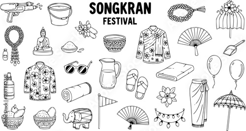 Songkran Festival Line Art: Water Gun, Bucket, Buddha, Flowers, Clothes, Fans, Umbrella, Elephant Icon