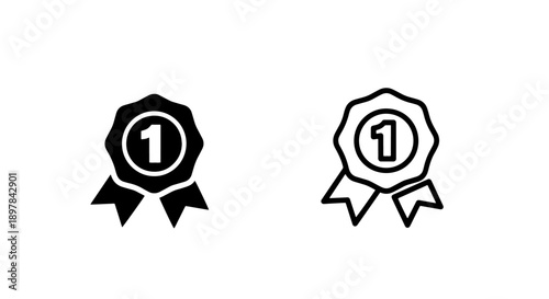 Number one first place award badge medal with ribbons icon for top achievement and best ranking