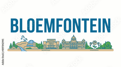 Bloemfontein city landmarks with roses vector illustration