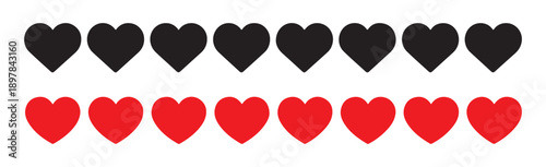 Set of black and red flat heart icons in row isolated on white background romantic love symbols collection