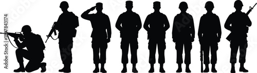 Soldier silhouette vector set, military posture illustration, army discipline artwork, combat stance design outline, armed forces icon collection, stock vector
