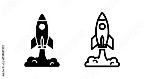 Lift-off Rocket with Smoke Trail Icon and Outline for Business Launch and Expansion