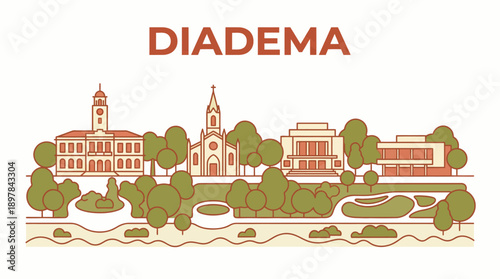 Diadema Brazil city skyline landmarks and park vector illustration