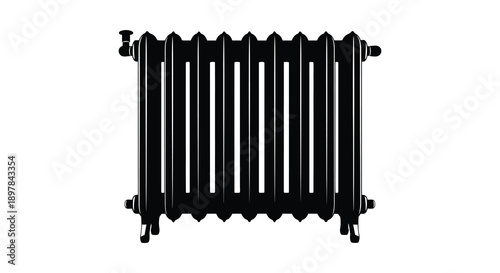 A stark black radiator stands prominently against a plain white background showcasing its vertical column design high quality