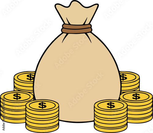 Flat Cartoon Money Bag with Gold Coins