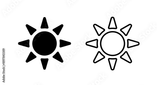 Bright Sun Icons with Pointed Rays for Summer, Warmth, Light, and Weather Symbols