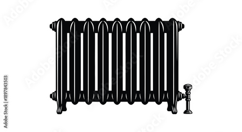 A detailed illustration showcases a black vintage style radiator with vertical columns and a valve high quality professional modern