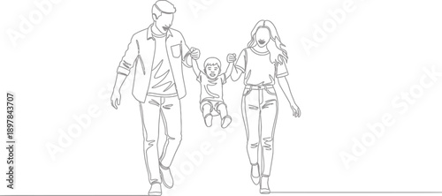 Happy family walking together, parents playfully swinging their young child in continuous line art.