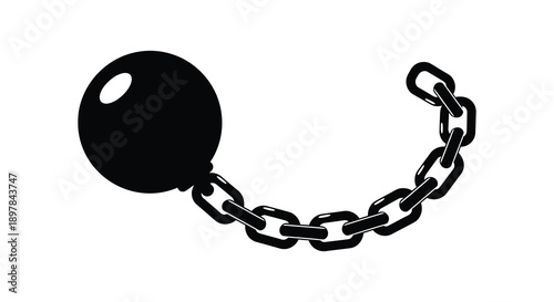 A simple black and white illustration depicts a ball and chain symbolizing confinement and restriction high quality professional detailed modern