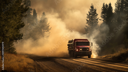 Fire truck driving through smoky road in forest wildfire