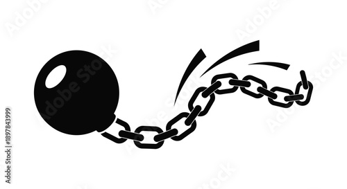 A stark black and white illustration depicts a large spherical weight connected to a chain symbolizing restriction