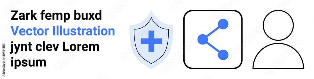 Fototapeta premium Data security, social networking, user , healthcare icons, digital connection, online identity. Shield with a cross, share icon and user profile outline. Data security and social networking