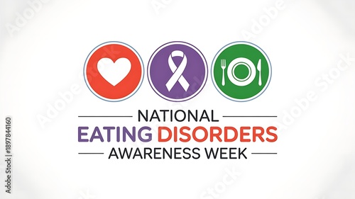 National eating disorders awareness week illustration with heart purple ribbon and plate with fork and knife symbols representing health love and nutrition on white background
