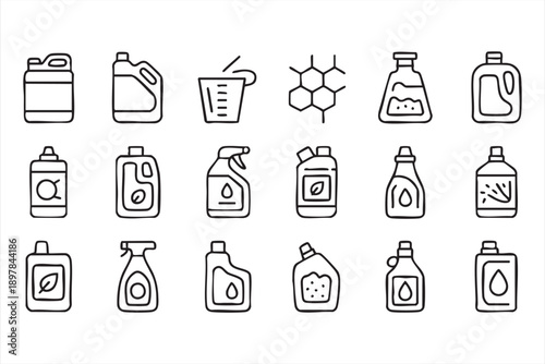 Laundry and Cleaning Bottle Line Icons Black and White