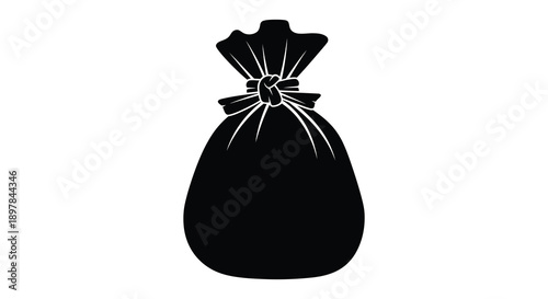 A stark black silhouette depicts a tied sack or pouch suggesting a contained volume or package high quality