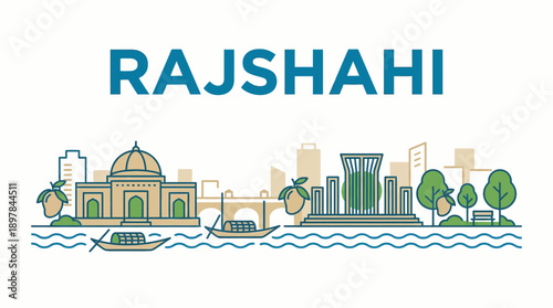 Rajshahi city skyline landmarks with river vector illustration
