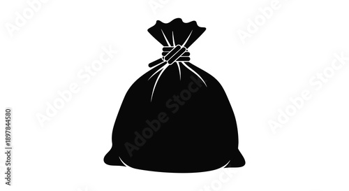A stark black silhouette depicts a tied sack or bag suggesting containment or a simple commodity high quality