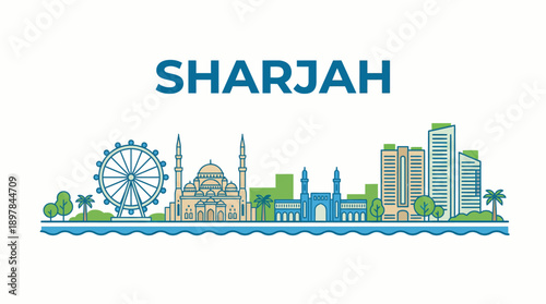 Sharjah city skyline with famous landmarks flat line art vector illustration