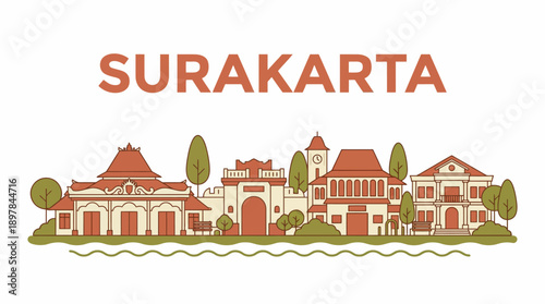 Surakarta city skyline landmarks vector illustration