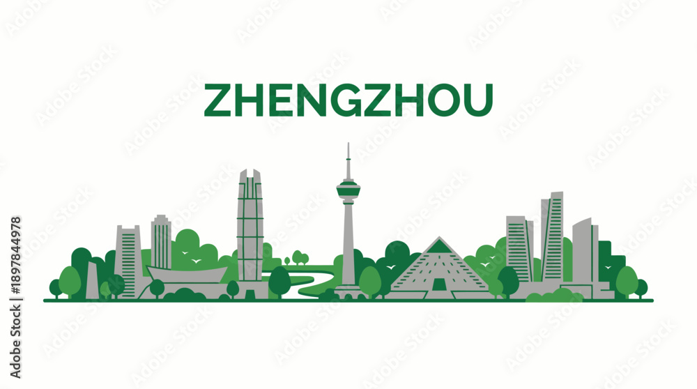 Fototapeta premium Zhengzhou city skyline with green landmarks vector illustration
