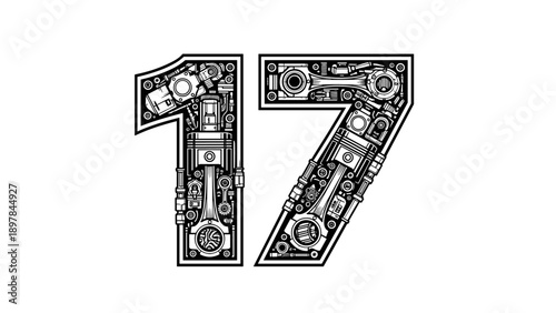 Number 17 Made of Mechanical Parts Engine Components Gears Pistons.