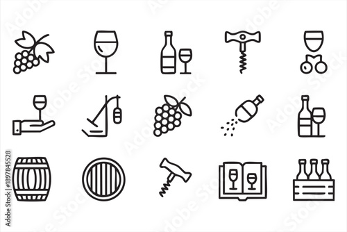 Wine And Vineyard Line Icons For Winery And Beverage Branding